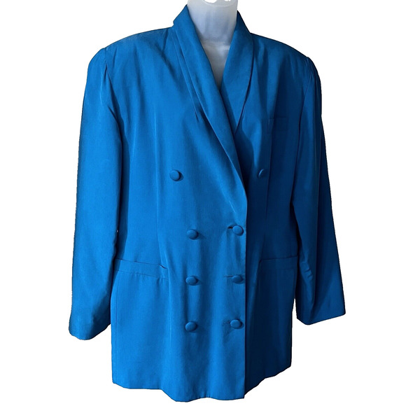EN Avance Womens Blazer 100% Silk Teal SZ 16 Double Breasted Sophisticated Lux - Picture 1 of 11